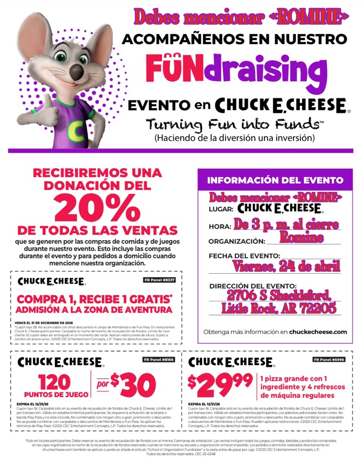 Romine ECC Chuck E. Cheese Fundraiser 