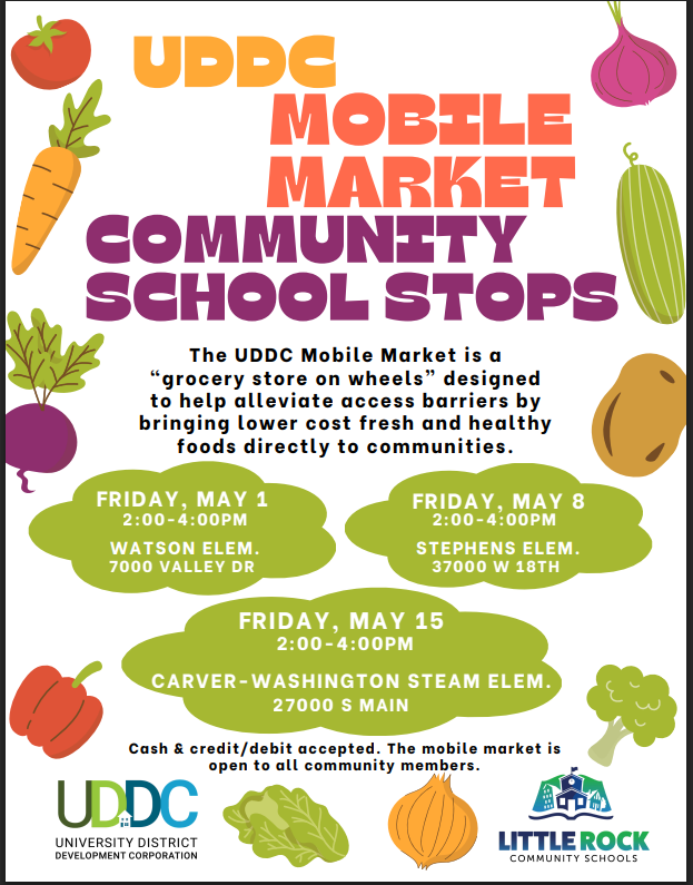 Colorful flyer promoting the UDDC Mobile Market Community School Stops. It explains the mobile market provides affordable fresh foods to communities. Dates and locations listed: May 1 at Watson Elementary, May 8 at Stephens Elementary, and May 15 at Carver-Washington STEAM Elementary, all from 2:00–4:00 PM. The flyer includes images of vegetables and notes that cash and credit/debit are accepted. Logos for UDDC and Little Rock Community Schools appear at the bottom.
