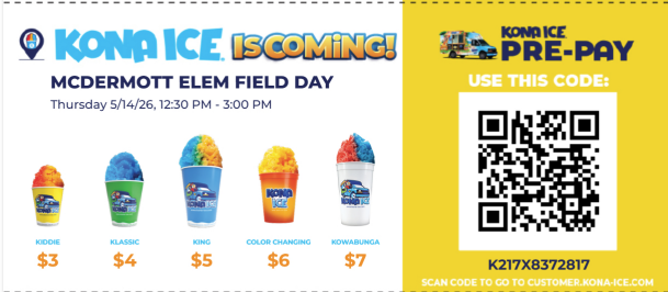 Flyer for Kona Ice with prices and times