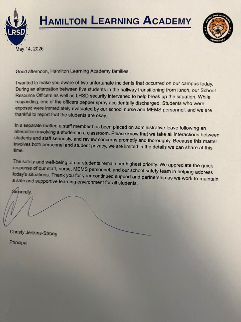 Please see important message from Hamilton Principal  Christy Jenkins-Strong regarding incident at school today, linked here.