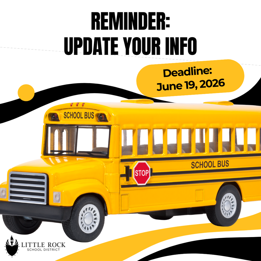 Picture of school bus with caption that says reminder:  update your info; deadline: june 19, 2026 - English