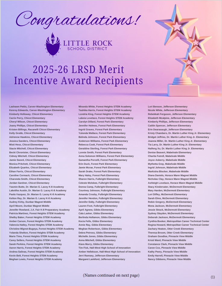 Congratulations graphic that is purple and lists the 2025-26 LRSD Merit Incentive Award Recipients. To see the full list of recipients, click here: https://aptg.co/3FXKBM