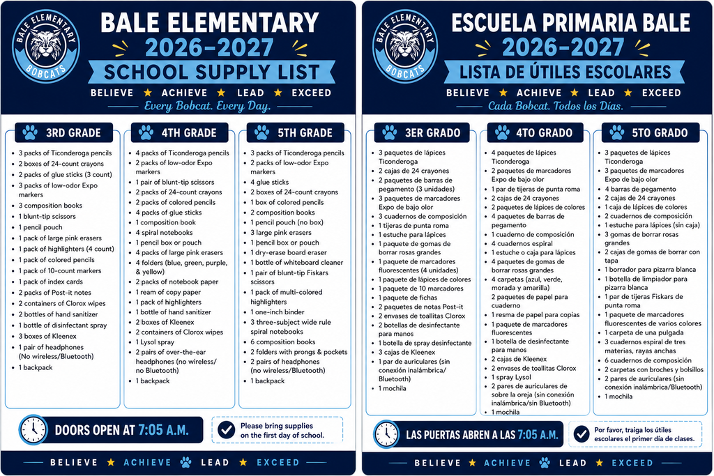 3rd-5th 2026-2027 School Supply List 
