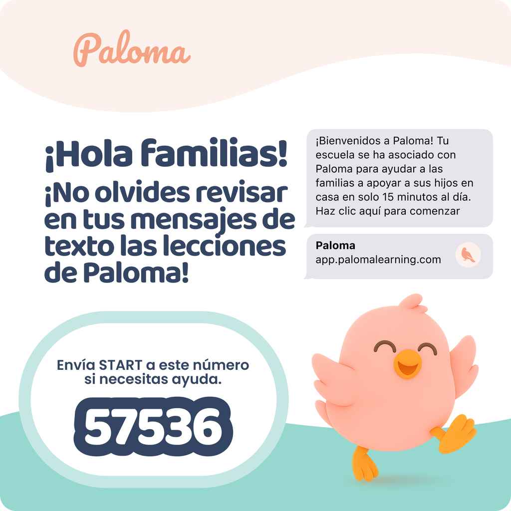 Gráfico de Paloma para familias. El texto principal dice: “¡Hola familias! ¡No olvides revisar en tus mensajes de texto las lecciones de Paloma!” Un mensaje de ejemplo dice: “¡Bienvenidos a Paloma! Tu escuela se ha asociado con Paloma para ayudar a las familias a apoyar a sus hijos en casa en solo 15 minutos al día. Haz clic aquí para comenzar”. Debajo aparece “Paloma” y “app.palomalearning.com”. En la parte inferior, el texto dice: “Envía START a este número si necesitas ayuda”, seguido del número 57536. A la derecha aparece un pájaro animado de color durazno, sonriente y saludando.