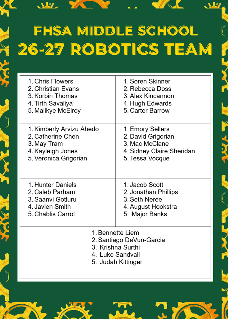 We are incredibly proud to announce the newest members of the FHSA Middle School Robotics team.