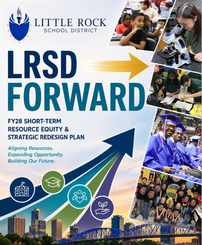 lrsd forward graphic that shows images of students, the LRSD logo, and wording:  FY28 Short-term Resource Equity & Strategic Redesing Plan; alignging resources, expanding opportunity and building our future