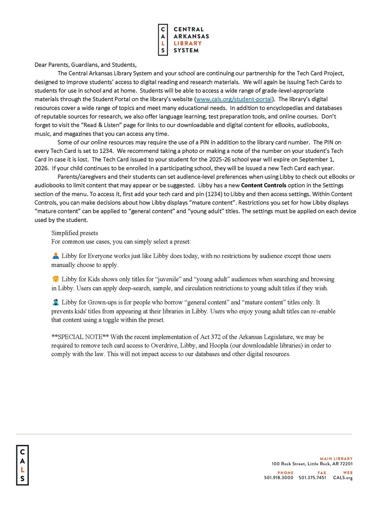 CALS Tech Card letter
