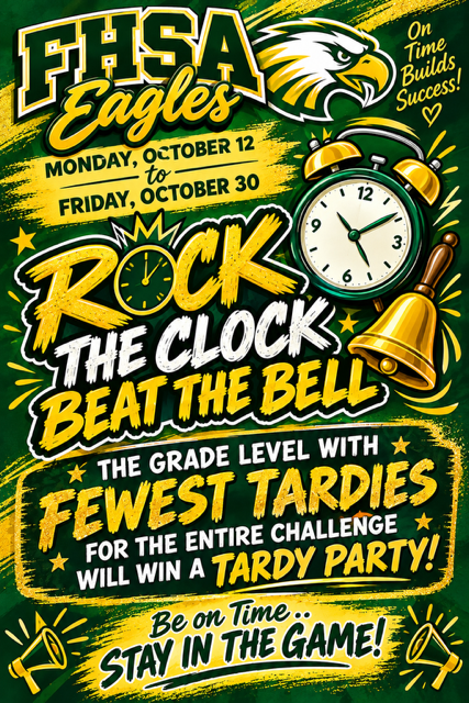 Ready to Rock the Clock? FHSA Eagles — it’s time to beat the bell and show what “On Time Builds Success” really looks like! From Monday, October 12 through Friday, October 30, every grade level is in a friendly showdown: the class with the fewest tardies wins a full-on Tardy Party! So set those alarms, hustle to class, and stay in the game. Let’s make this the on-time-est three weeks FHSA has ever seen. Who’s ready to rock it? 🦅⏰🎉