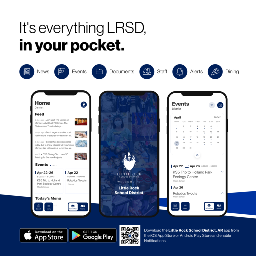 say hello to parent teacher chat chat events, documents, stream, classes, notfications, download on the app store, get it on google play, QR code, download the school district acpp from the ios app store or android play store and enable notificaitons, pictures of app on phone