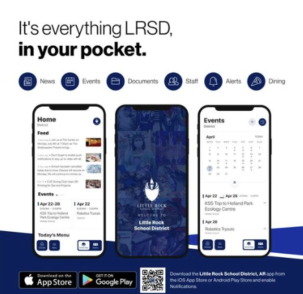 say hello to parent teacher chat chat events, documents, stream, classes, notfications, download on the app store, get it on google play, QR code, download the school district acpp from the ios app store or android play store and enable notificaitons, pictures of app on phone