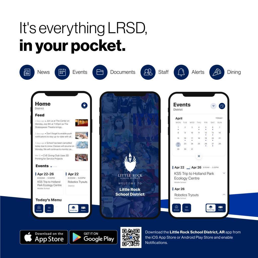 say hello to parent teacher chat chat events, documents, stream, classes, notfications, download on the app store, get it on google play, QR code, download the school district acpp from the ios app store or android play store and enable notificaitons, pictures of app on phone