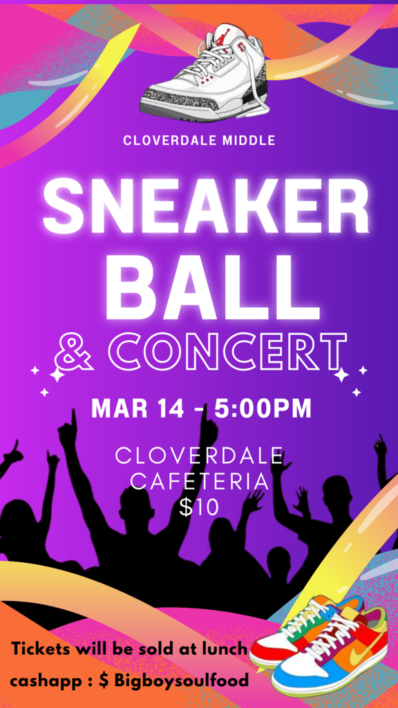 The Sneaker Ball is Thursday, March 14, 2024, from 5-7. Tickets are $10 and will be on sale during lunch. Tickets include the dance, the concert, a slice of pizza and a drink. There will be a location to change clothes after school for those who would rather stay to attend the dance, but you MUST have a signed permission slip to stay after school.  Permission slips will be given out when you purchase your ticket and must be returned to your advisory teacher. 