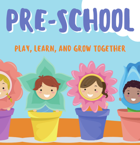 Pre-school graphic with students' faces inserted in flowers, and says play, learn, and grow together