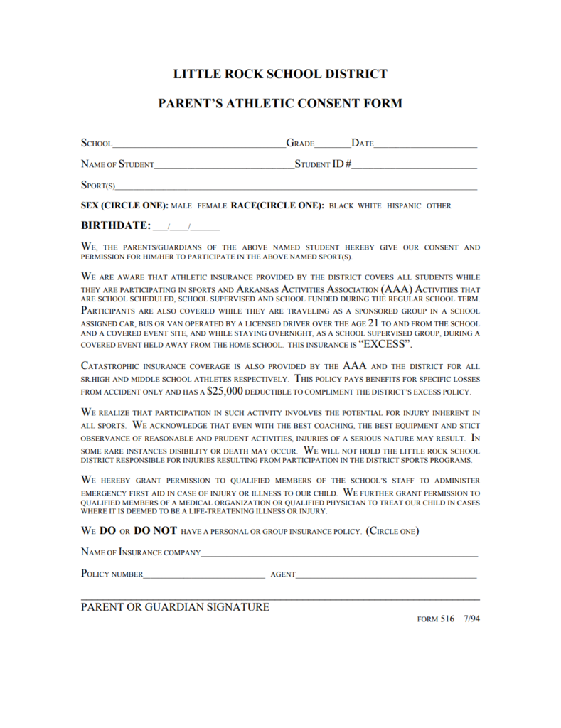 LRSD Parent Athletic Consent Form