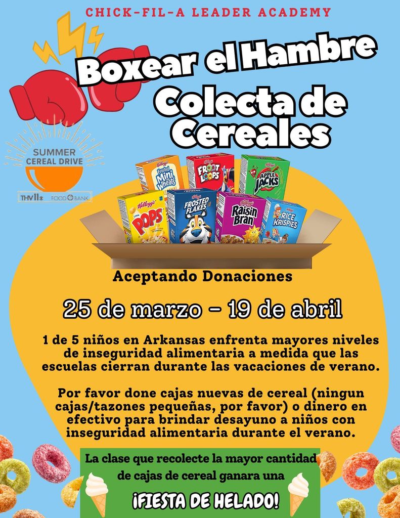 Folleto de la colecta de cereales de Chick-fil-A Leader Academy