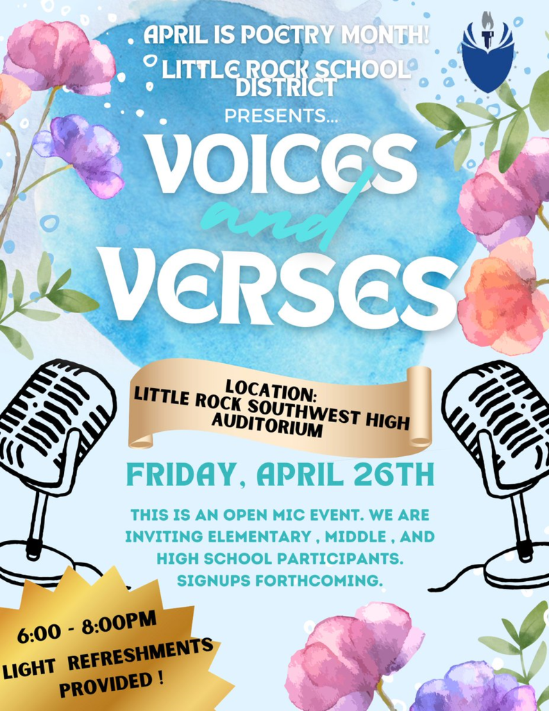 Voices and Verses slam poetry contest at Southwest High School Friday April, 26th from 6:00 to 8:00 PM. Light refreshments served.