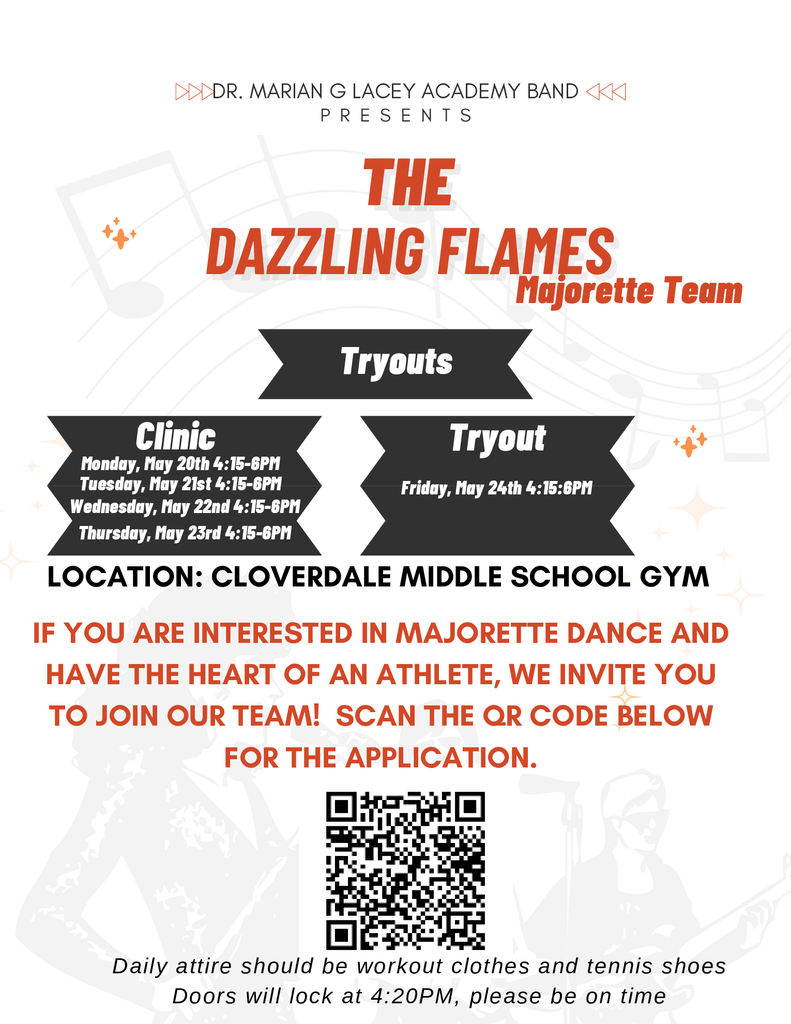 Tryouts for the Dazzling Flames are next week. CLinic Monday through Thursday from 4:15 - 6:00 in the Cloverdale Gym. Friday will be tryouts from 4:15 to 6:00. See flyer for more details.