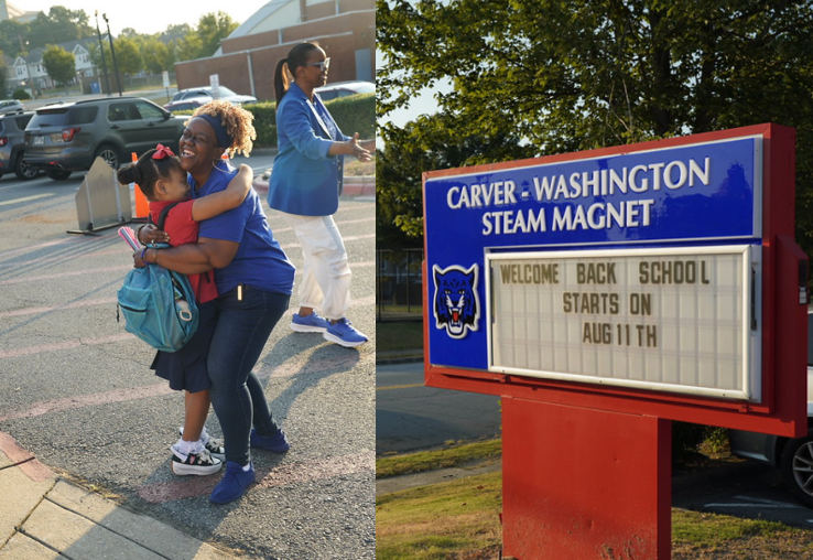 student hugging employeee and marquee sign welcoming students back
