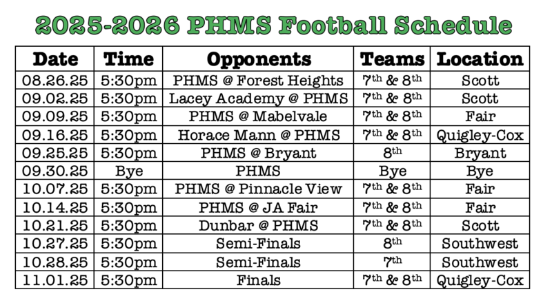 25-26 PHMS Football Schedule - Dates, Times, Opponents, Teams, and Locations