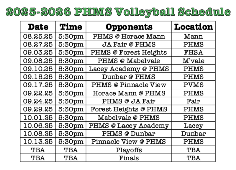 25-26 PHMS Volleyball Schedule including Dates, Times, Opponents, and Locations