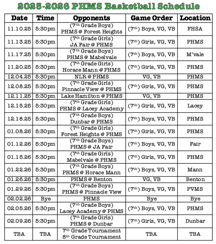 25-26 PHMS Basketball Schedule - Dates, Times, Teams, Orders of Games, and Locations