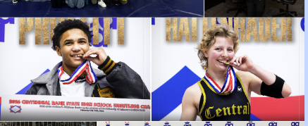 boy left, girl right, biting medal