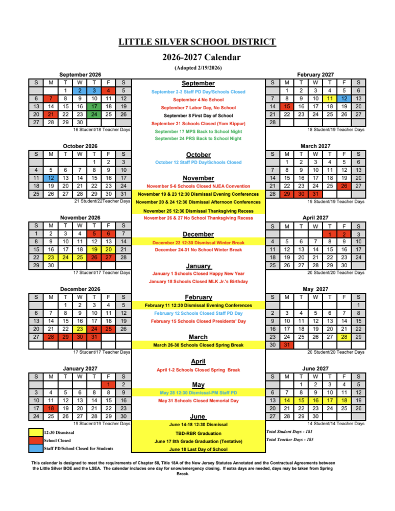 little silver 2026-2027 school district calendar