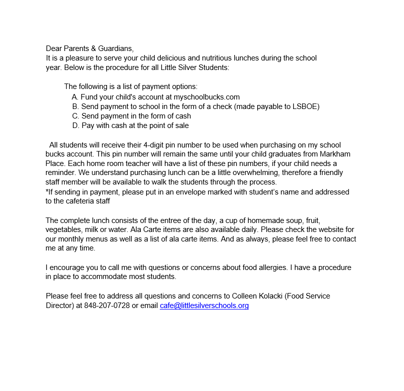Letter from Colleen Kolacki, Food Service Director