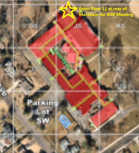 Overhead picture of Markham Middle School with a yellow star over entrance #11