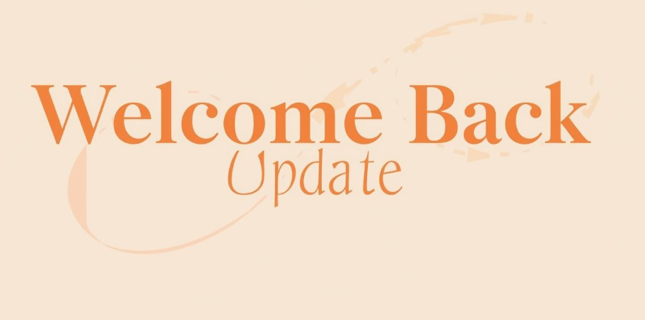 A cream background with orange writing that says Welcome Back Update