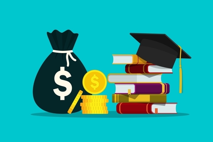 An image of a black bag with a white money symbol on it, piled next to the bag is a stack of gold coins, and next to the stack of coins is a pile of textbooks with a graduation cap on top.