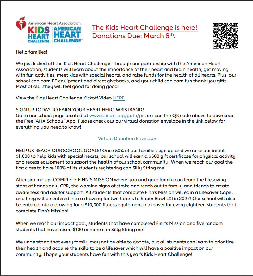 Kids Heart Challenge Letter