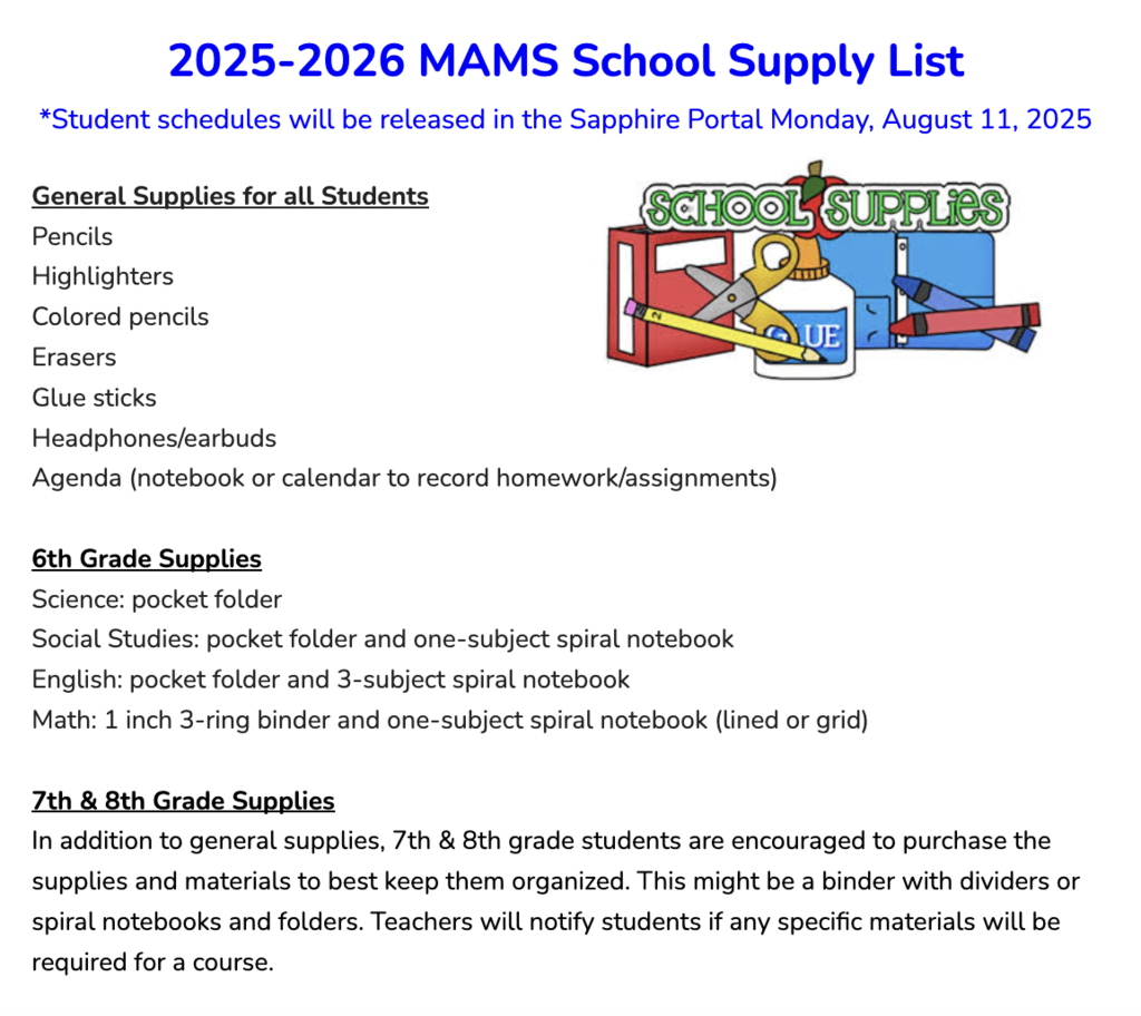 MAMS School Supply List 2025-2026
