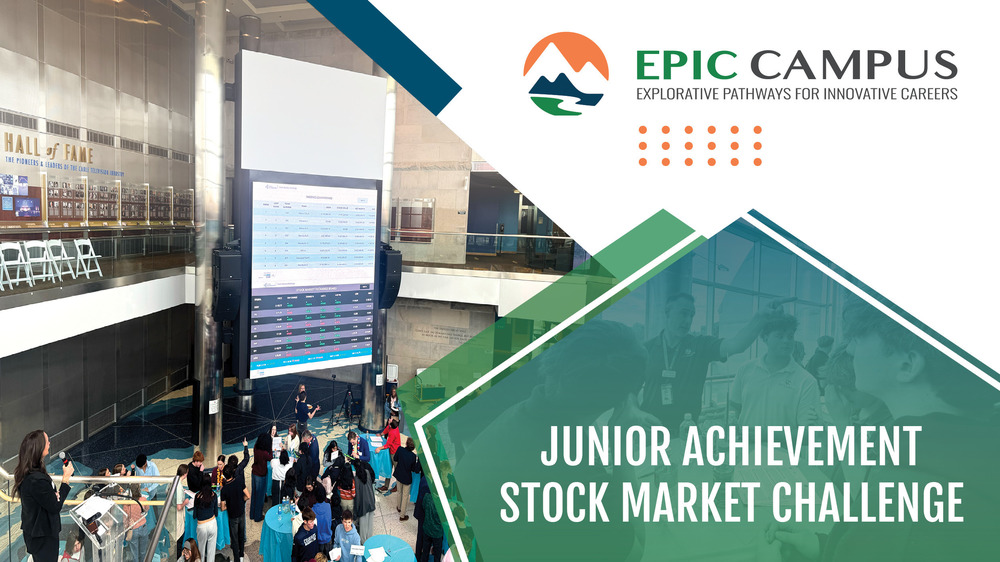 Lobby of Cable Center with a large digital stock board and gathering of students. Top right: "EPIC Campus" logo, text "Junior Achievement Stock Market Challenge".