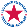 Red star in center with text "Lois Lenski Elementary Centennial Colorado" forming a circle around it. Two smaller stars are next to the words.