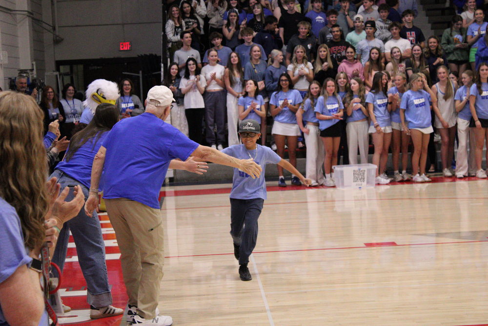 Colton, last years Wish Kid MAD WEEK, came to the first assembly to celebrate with HHS for MAD WEEK 2026. Photo by Camryn Mckone '28