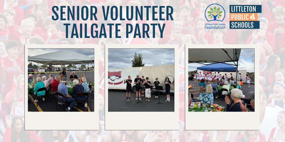 Poloraid-style photos of a senior volunteer tailgate event showing outdoor dining, student band playing, and cheerleaders. LPS and LPS Foundation logos in top right corner.
