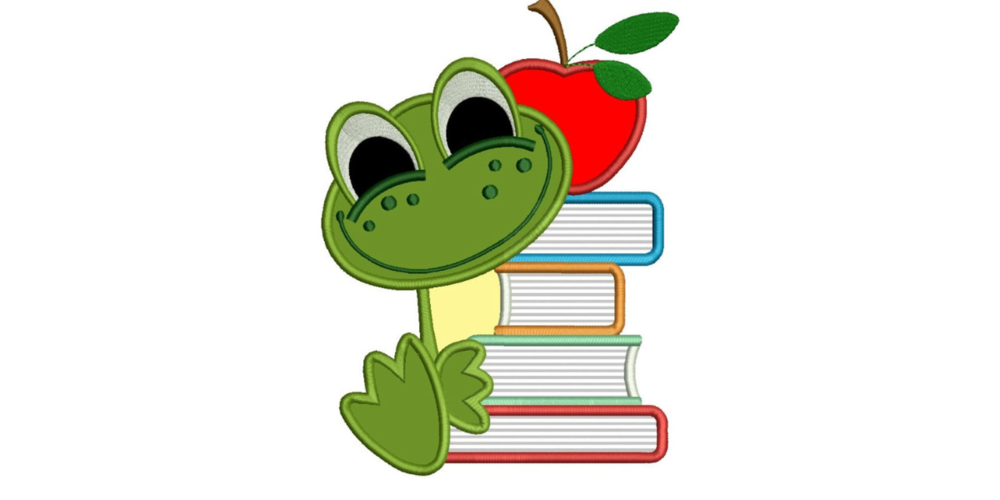 "A cartoon frog with a stack of books and an apple