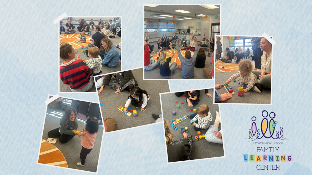 Collage of six photos showing babies, toddlers, and adults engaged in play and activities at the Family Learning Center.