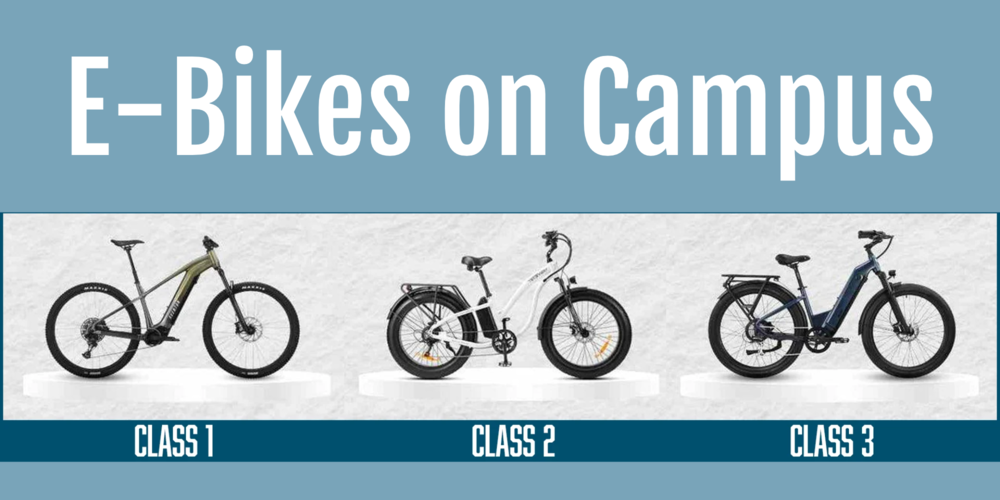 Graphic titled "E-Bikes on Campus" showing three e-bikes categorized by Class 1, Class 2, and Class 3 underneath.