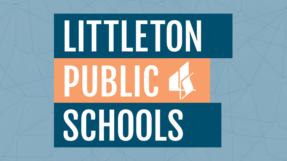 Littleton Public Schools logo with white text on teal and orange blocks, next to a white book-like emblem.