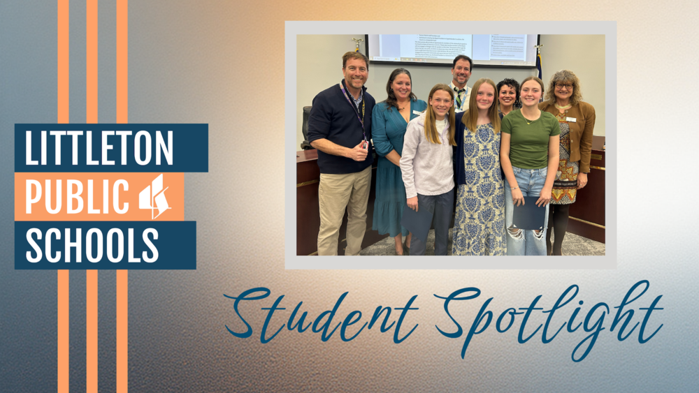 Alt Text LPS Student Spotlight graphic featuring three students and five adults posing together for a group photo.
