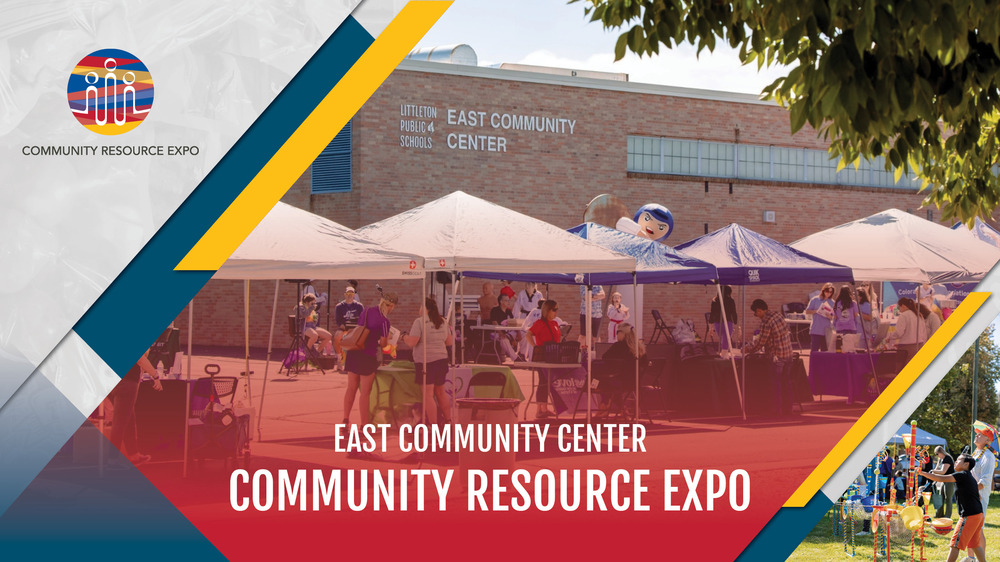 Banner reading East Community Center Community Resource Expo in front of outdoor event booths and school building.