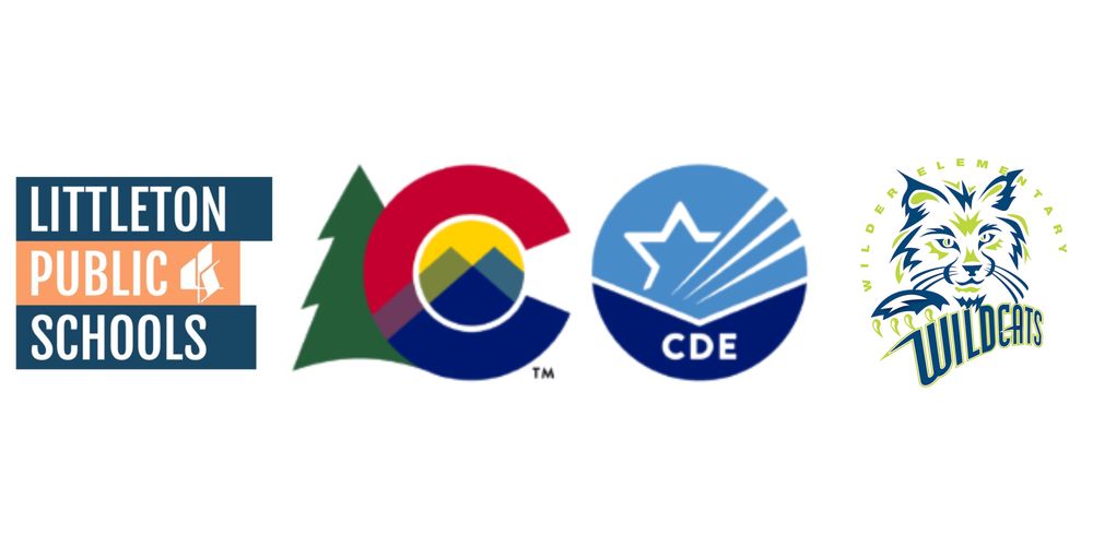 Four logos displayed side by side on a white background. From left to right: the Littleton Public Schools logo in blue and orange blocks with white text reading “LITTLETON PUBLIC SCHOOLS” and a white leaf icon; the Colorado state “C” logo with a green pine tree and a circular mountain and sun design inside; the Colorado Department of Education circular blue logo with a white star and the letters “CDE”; and the Wilder Elementary Wildcats logo featuring a stylized wildcat head in blue and green with the words “WILDER ELEMENTARY” above and “WILDCATS” below in bold lettering.