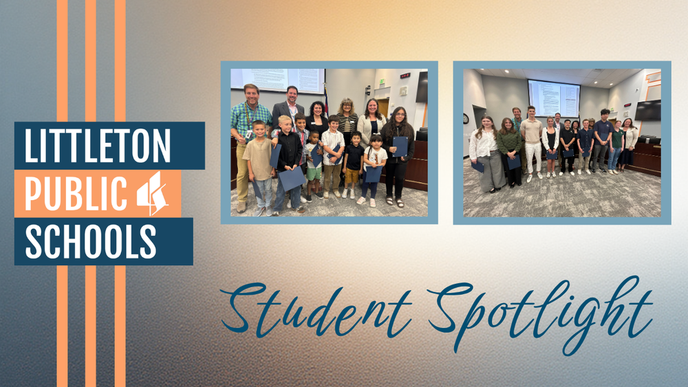 Student Spotlight graphic featuring two photos of students and staff standing together, holding award folders.