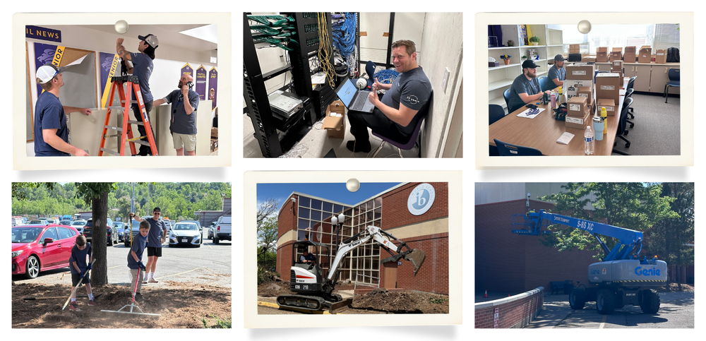 A photo collage of volunteer work at Littleton High School (landscaping and security upgrades). There are 6 photos in various environments showing volunteers at work.
