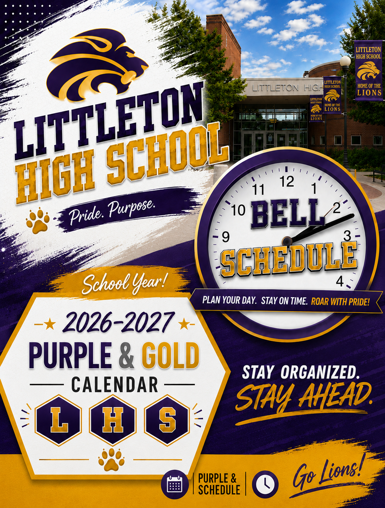 Promotional graphic for Littleton High School featuring the school entrance, purple and gold school colors, and the lion logo. Large text reads "Littleton High School" with the motto "Pride. Purpose." The graphic highlights the 2026–2027 Purple & Gold Calendar and Bell Schedule, with a large clock labeled "Bell Schedule." Additional text reads, "Plan Your Day. Stay on Time. Roar with Pride!" and "Stay Organized. Stay Ahead." The design encourages students and families to review the school calendar and daily schedule before the start of the school year, ending with "Go Lions!