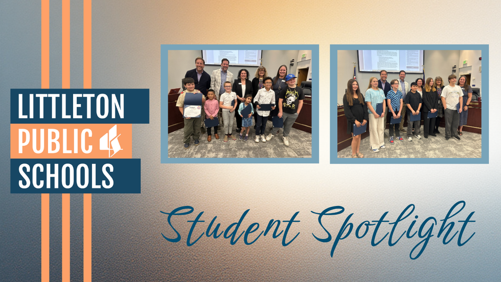 LPS Student Spotlight graphic featuring two photos of students and staff posing with certificates in a board room.