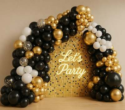 Black, gold, and white balloon arch framing a gold sequin backdrop with the words “Let’s Party.”