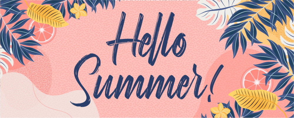 "A vibrant, tropical-themed graphic with a soft pink background. The words 'Hello Summer!' are prominently displayed in a bold, cursive font. The image is adorned with decorative elements like palm leaves, yellow tropical flowers, and slices of citrus fruit, framing the text. The design conveys a cheerful, summery vibe."